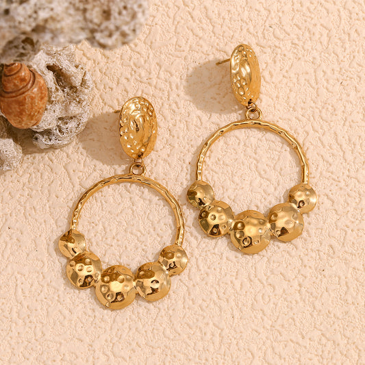 Fashionable Vintage-Inspired Geometric Stainless Steel Earrings with 18K Gold Plating and Hammered Texture for Women
