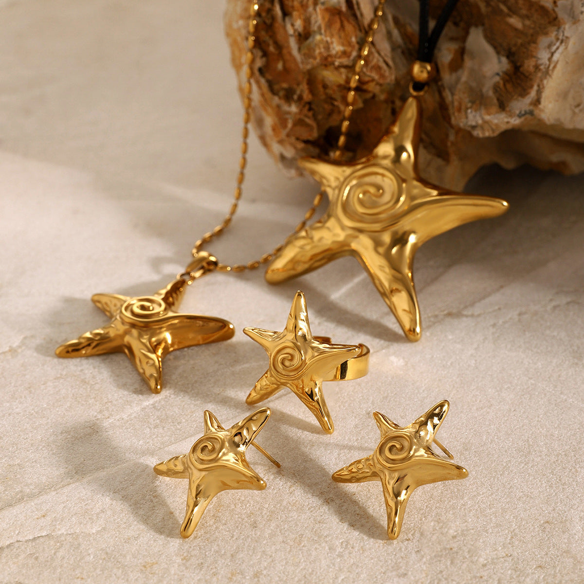 Fashion Unisex 18K Gold Plated Stainless Steel Starfish Spiral Circle Stud Earrings and Necklace Set