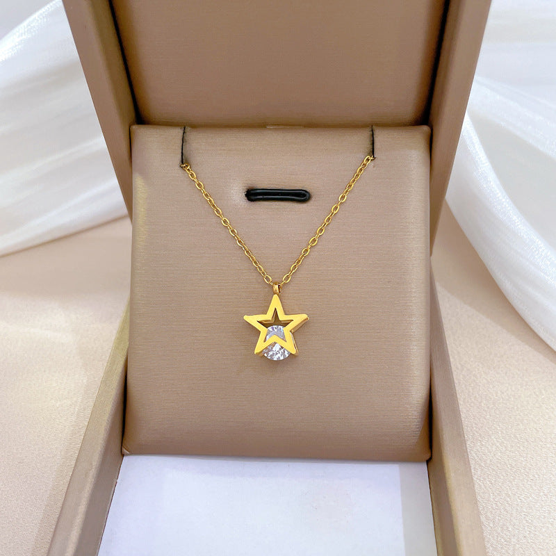 Collana Minimalista con Pendente a Stella a Cinque Punte in Acciaio al Titanio con Intarsio di Zirconi per Donna, Catena alla Clavicola di Moda