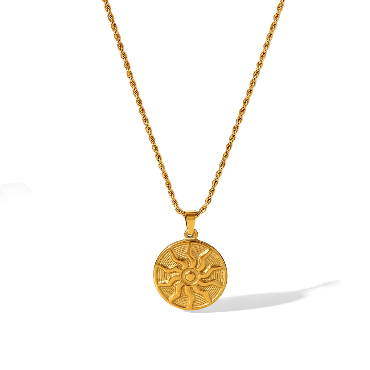 Punk Style Sun Symbol Pendant Necklace for Women in Stainless Steel with Titanium Steel Pendant and Plated Finish on Twisted Chain