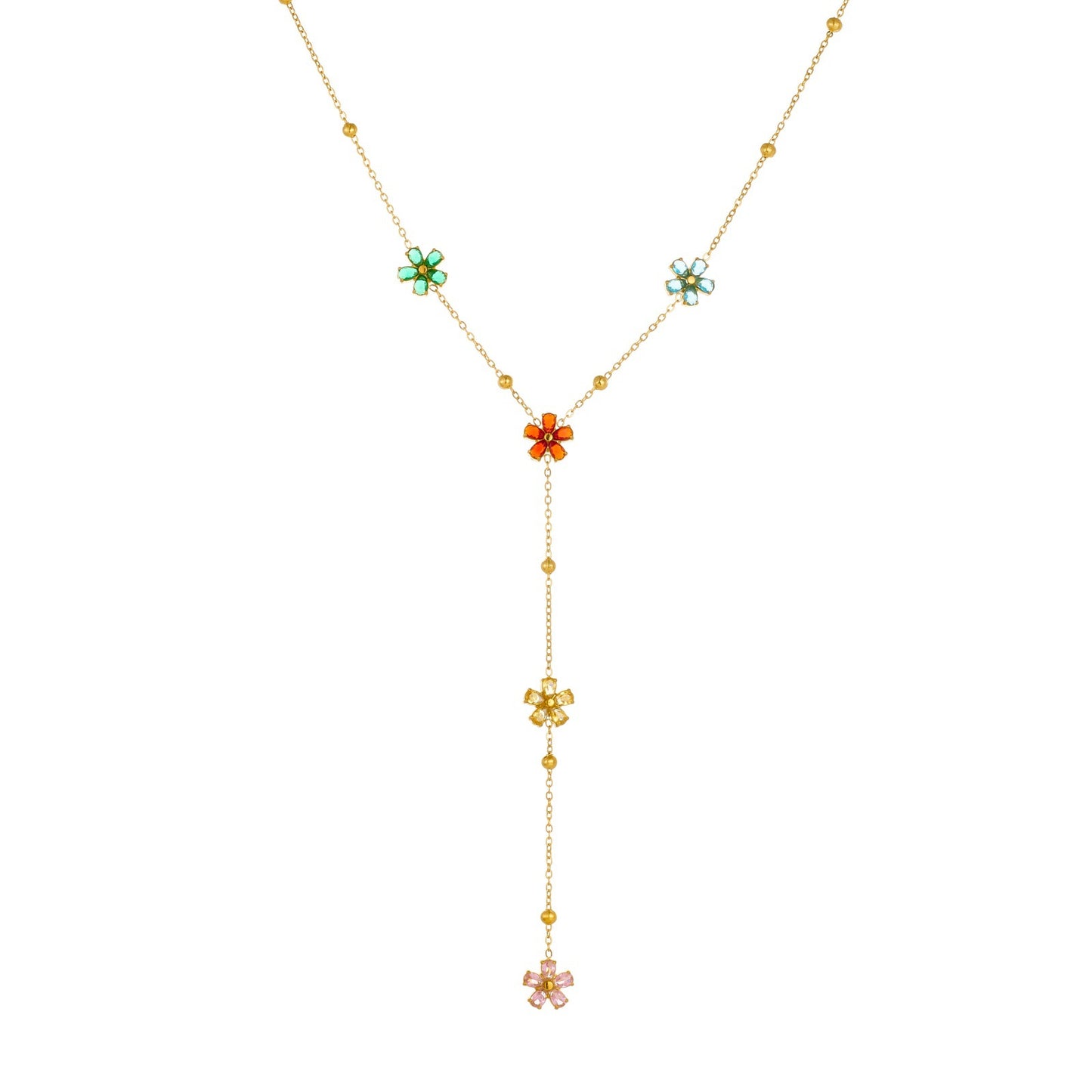 Colorful Rhinestone Floral Tassel Y-Shape Plated Stainless Steel Necklace for Women