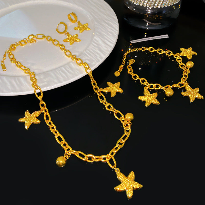 Sweet Streetwear Starfish Round Titanium Steel Plated Necklace Bracelet Earring Set with Cuban Link Chain