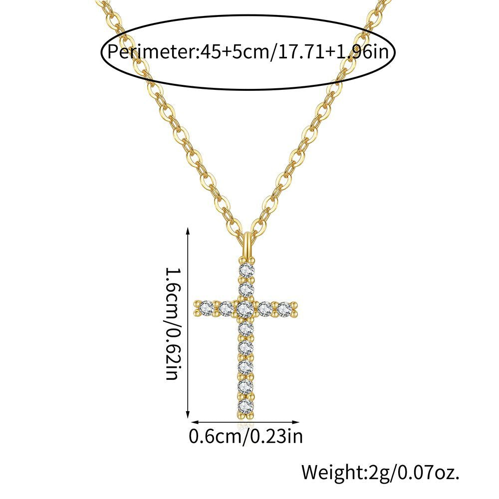 Classic Cross Pendant Necklace for Women in Copper with Zircon Inlay and Gold Plating on O-Chain