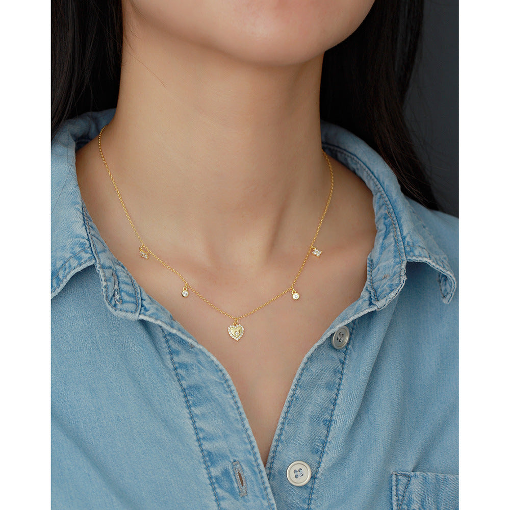 Sweet and Edgy Heart-Shaped S925 Sterling Silver Rhinestone-Inlaid French Clavicle Necklace with Cross Chain for Women