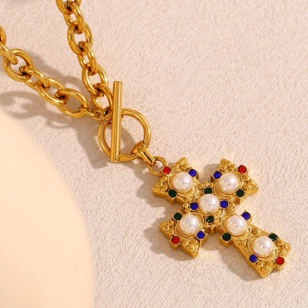 Collana con Pendente a Croce Minimalista Vintage da Donna in Acciaio Inossidabile Placcato Oro 18K
