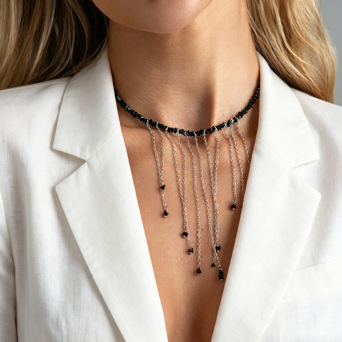 Minimalist Geometric Triangle Crystal Beaded Necklace with Iron Pendant and Tassel for Women Men