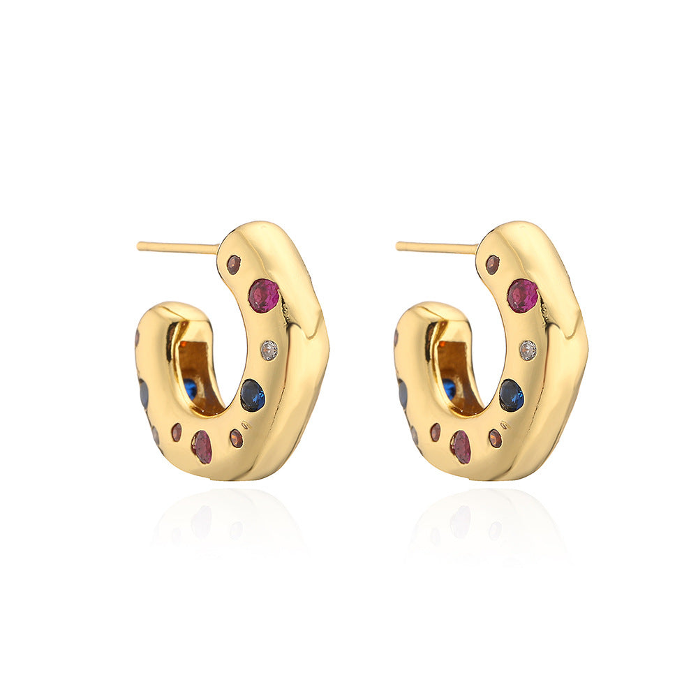Orecchini a perno geometrici irregolari da donna in rame con micro-incastonatura, gioielli minimalisti e alla moda per tutti i giorni