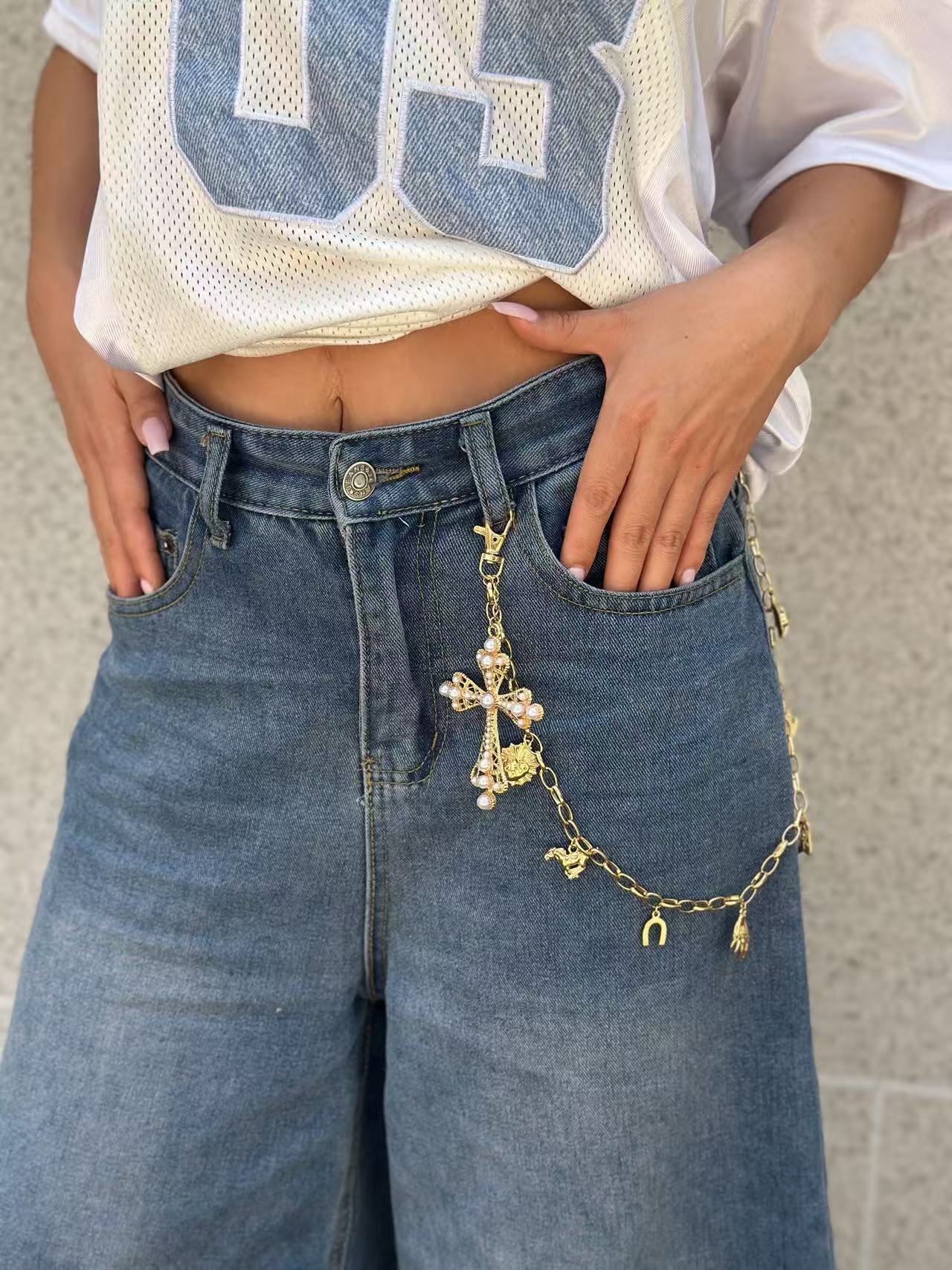 Catenina da vita in metallo stile hip-hop con perle e design floreale unisex