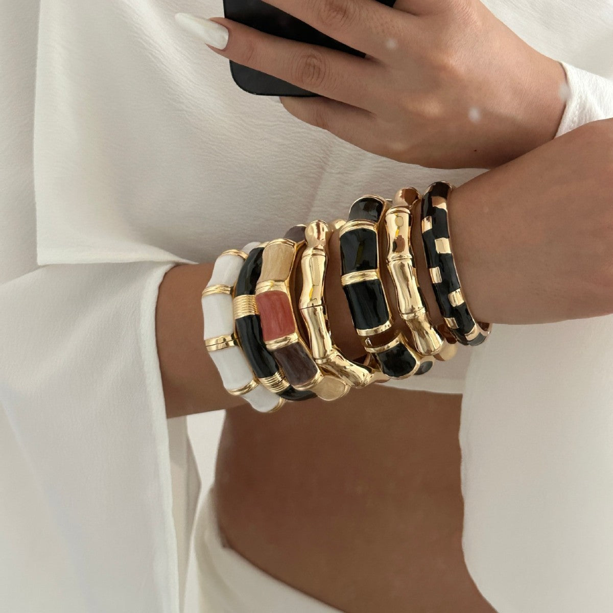 Pulsera Abierta de Puño con Nudo de Bambú de Aleación Geométrica, de Goteo de Aceite, de Lujo Vintage