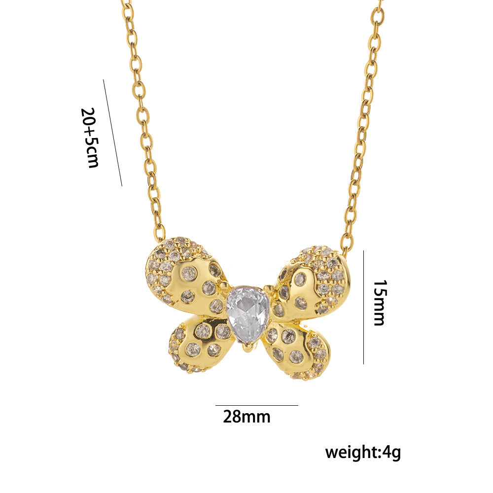 Minimalist Butterfly Pendant Necklace in Titanium Steel with Rhinestone Inlay on O-Chain for Women