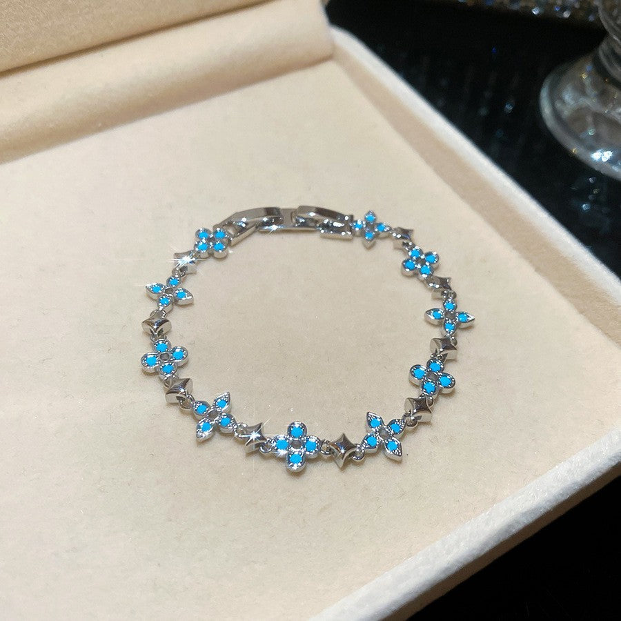 Sweet Minimalist Geometric Floral Brass Bracelet with Cubic Zirconia Inlay for Women