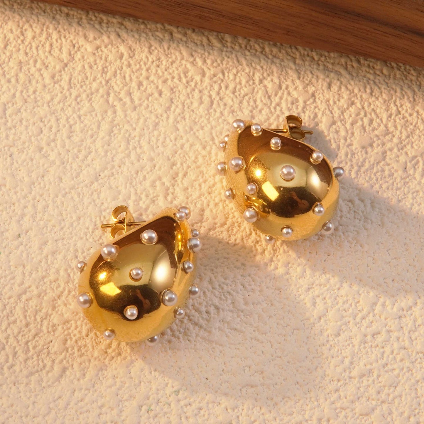 Orecchini di lusso in Acciaio Inossidabile con Perle, Placcati Oro 18K, a Goccia Geometrica, Rotondi e Ovali