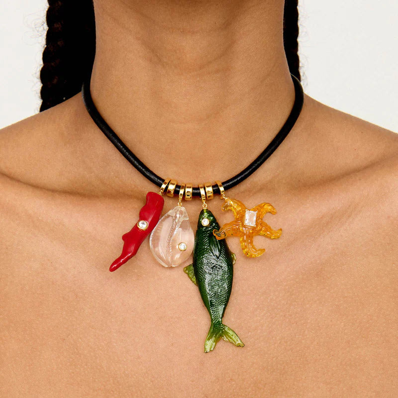 Minimalist Geometric Animal Pendant Necklace in Stainless Steel with Goldfish Starfish and Tropical Fish Motifs Vacuum Plated