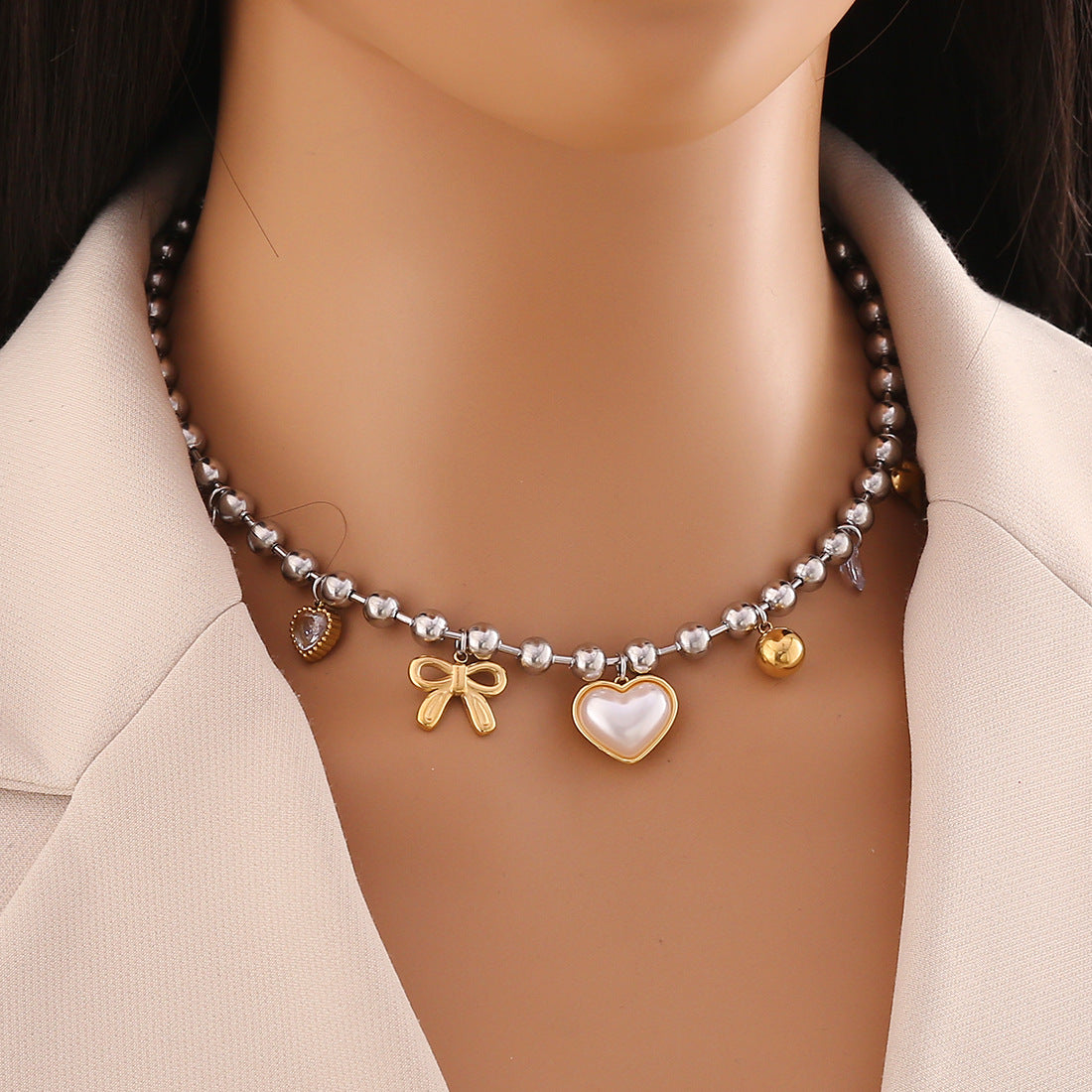 Dopamine-Inspired Heart and Cross Pendant Necklace in Gold-Plated Stainless Steel for Women