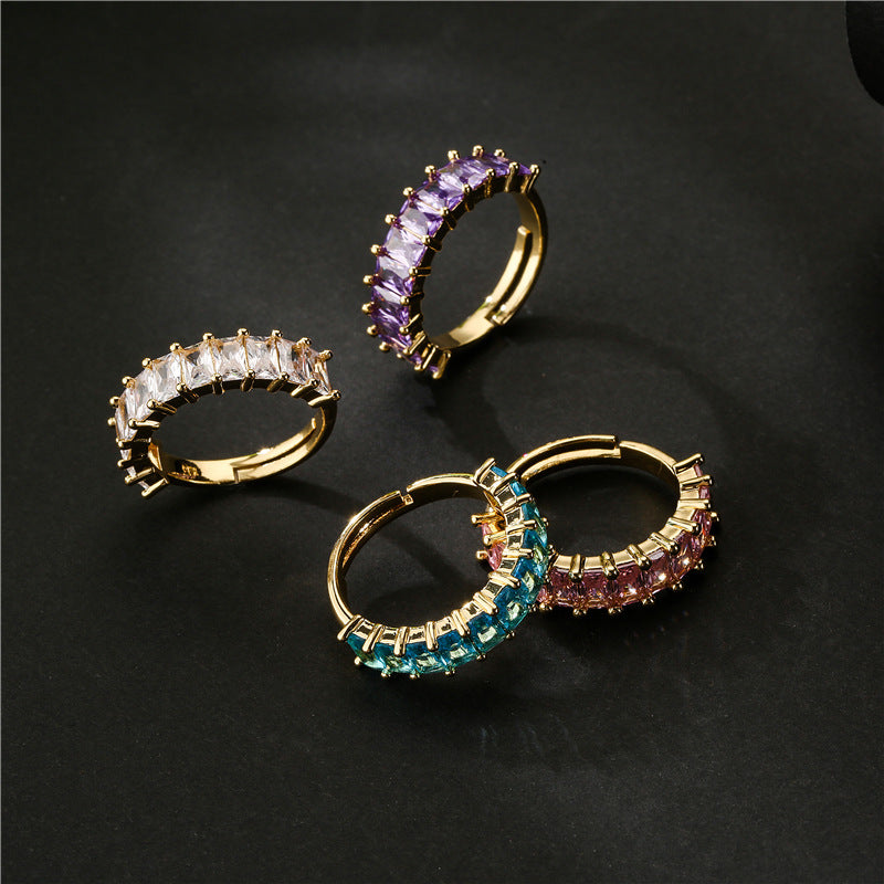 Anello in Rame con Forma Geometrica, Zirconi Micro-Incastonati, per Donna, con Fascia Aperta Regolabile Placcata Oro