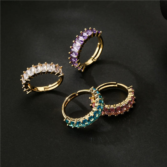 Geometric Shape Copper Ring with Micro-Pave Zirconia for Women, Gold-Plated Adjustable Open Band
