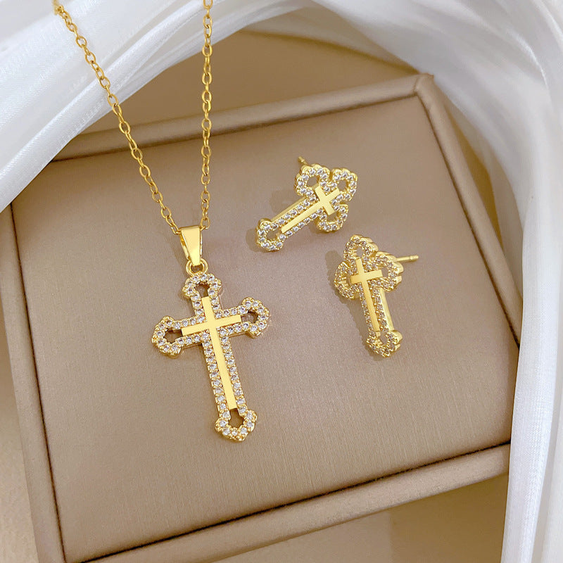 Sweet Minimalist Hollow Cross Moon Rhinestone Titanium Steel Necklace Set with Curb Chain for Unisex