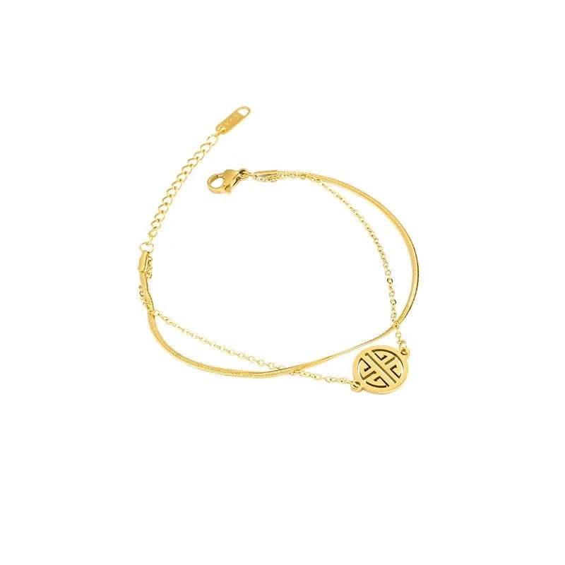 Cavigliera Minimalista Porta Fortuna da Donna con Catena a Serpente Piatta Geometrica in Acciaio Titanio Placcato Oro