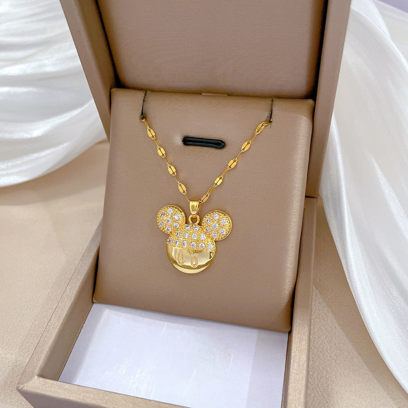 Luxury Titanium Steel Geometric Mouse Pendant Necklace for Women with Rhinestone Inlay, Adjustable Stainless Steel Chain, Minimalist Cute Locket Style