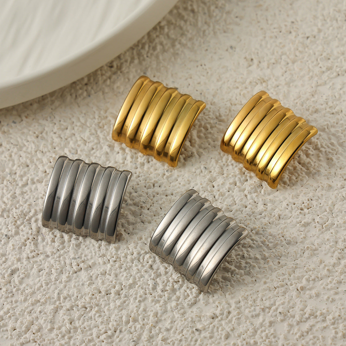 Minimalist 18K Gold Plated Stainless Steel Square Geometric Striped Earrings for Women