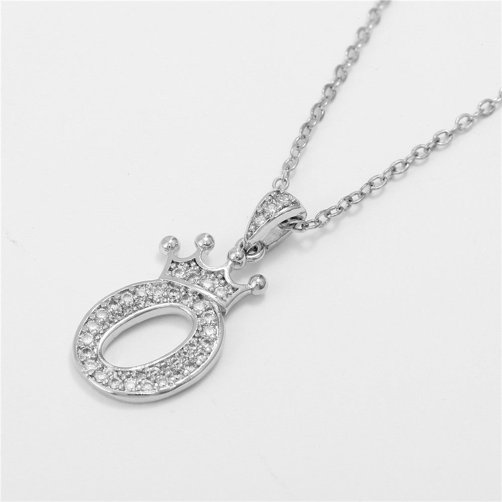 Minimalist White Gold Plated Crown Letter Pendant Necklace with Micro-Pave Cubic Zirconia for Women