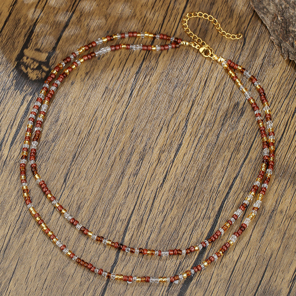 Casual Geometric Round Glass Beaded Ball Chain Necklace Handmade Double Layer