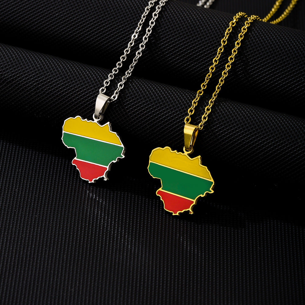 Collar con colgante de mapa geométrico retro de Lituania en acero inoxidable con acabado esmaltado en cadena tipo O para unisex