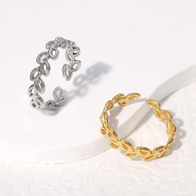 Minimalist Leaf-Shaped Titanium Steel Ring for Women with Plated Finish and Adjustable Open Band