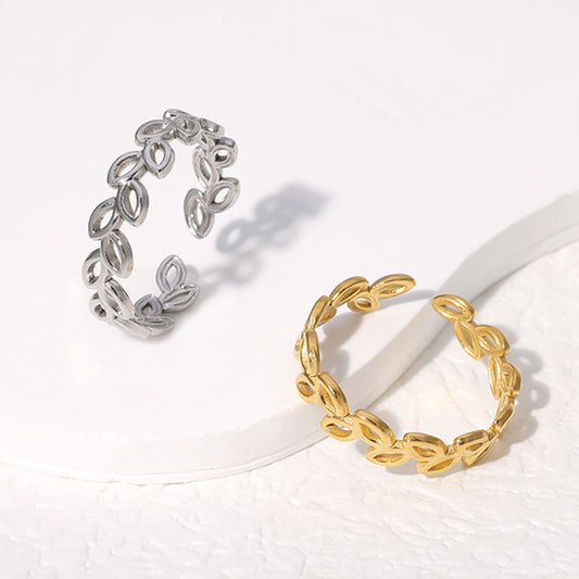 Minimalist Leaf-Shaped Titanium Steel Ring for Women with Plated Finish and Adjustable Open Band