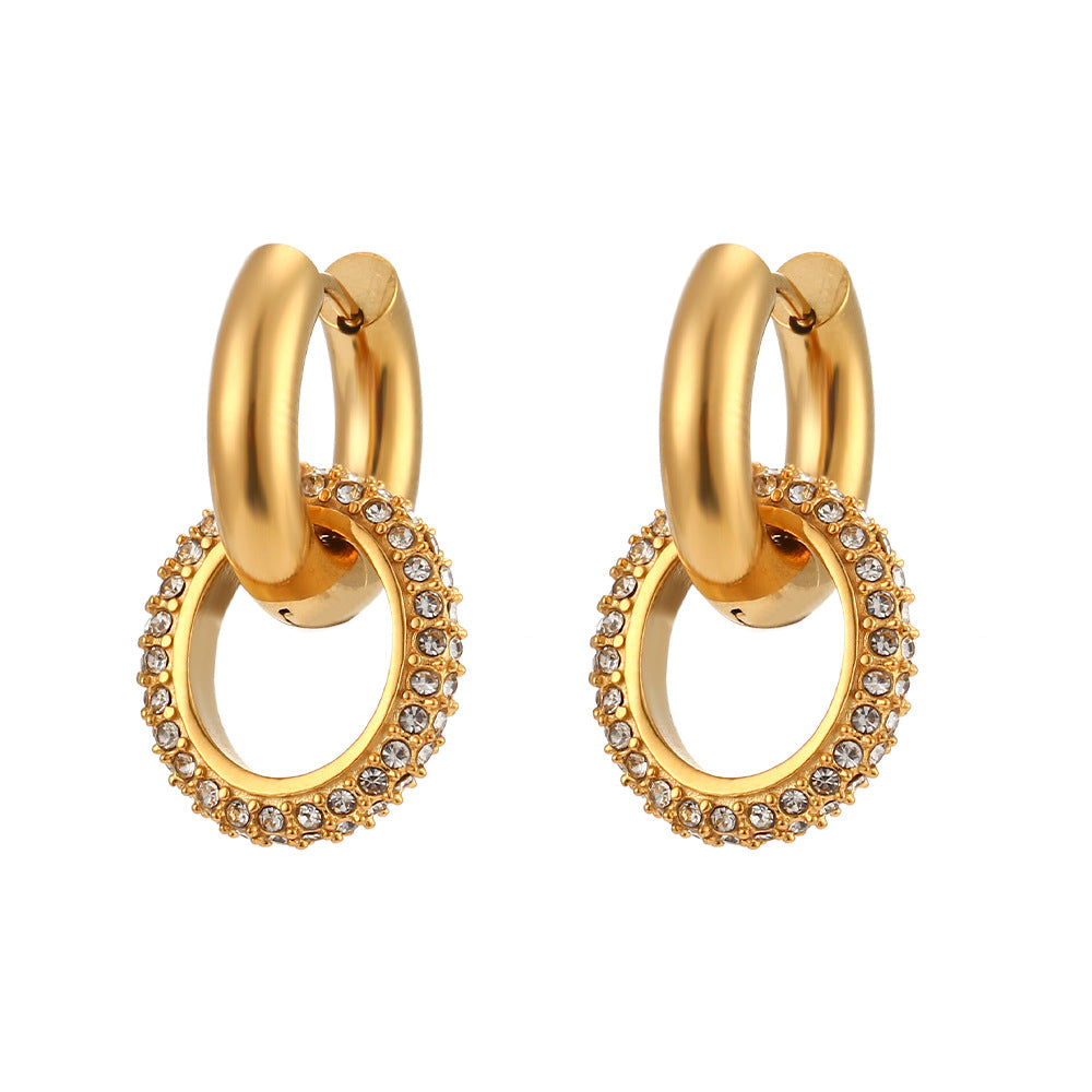 Fashion Geometric Round Hoop Earrings Stainless Steel 18K Gold Plated Cubic Zirconia for Women