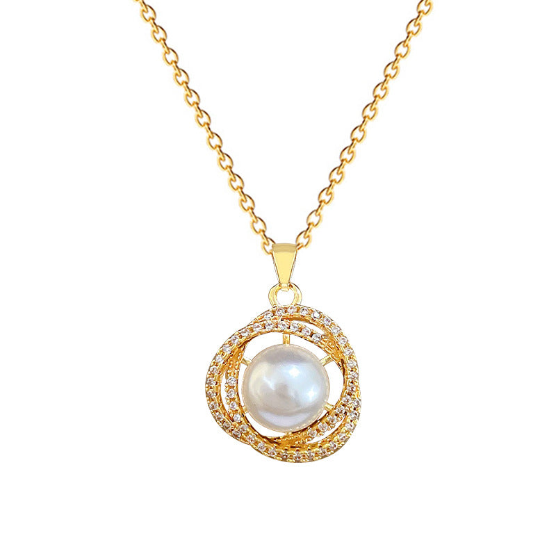 Sweet Luxury Geometric Moon Titanium Steel Necklace with Pearl and Cubic Zirconia for Unisex