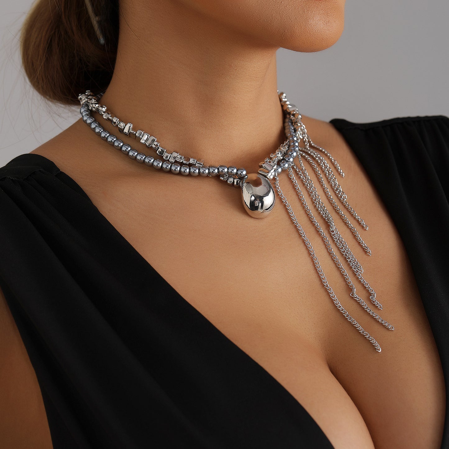 Minimalist Geometric Oval Alloy Plated Ball Chain Necklace with Tassel Multi-Layer Statement Piece for Women