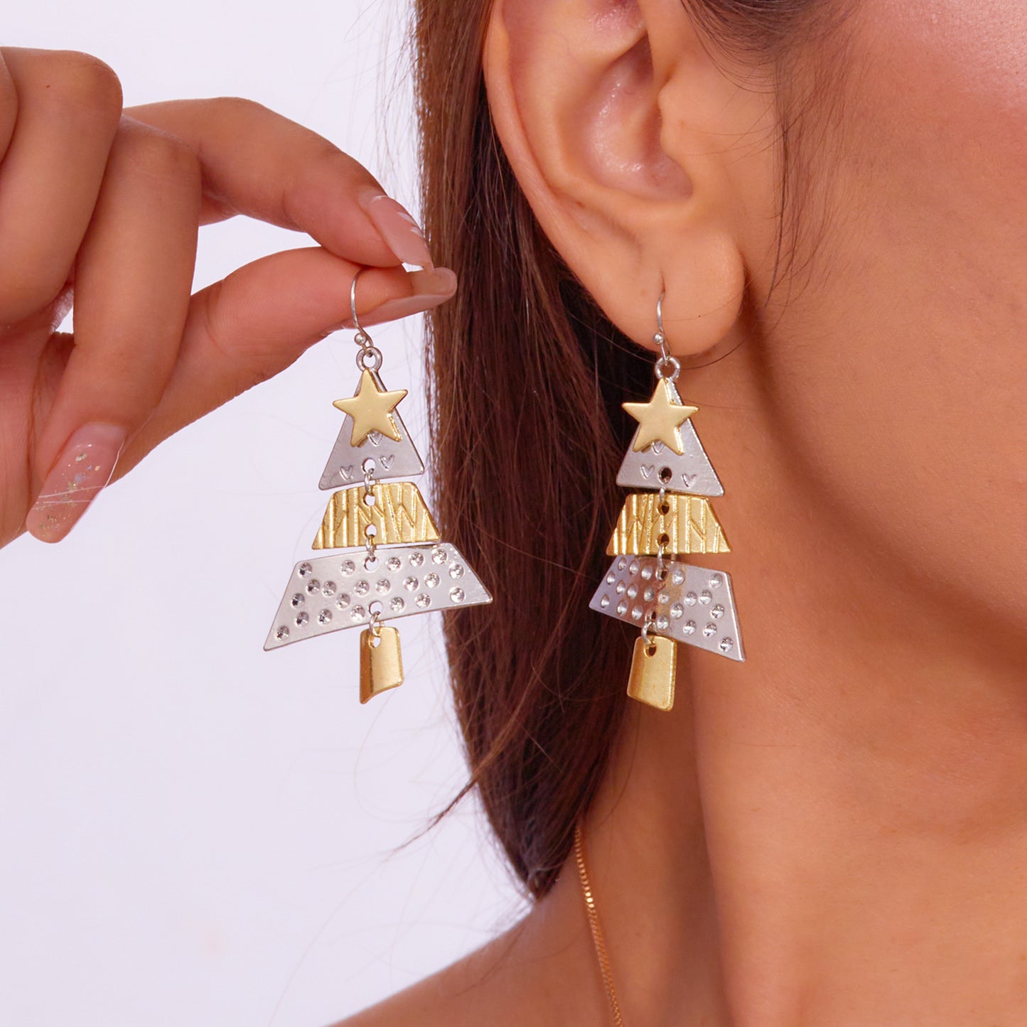 Conjunto de pendientes largos de aleación con forma de árbol de Navidad, geométricos y a la moda, con baño, para mujer