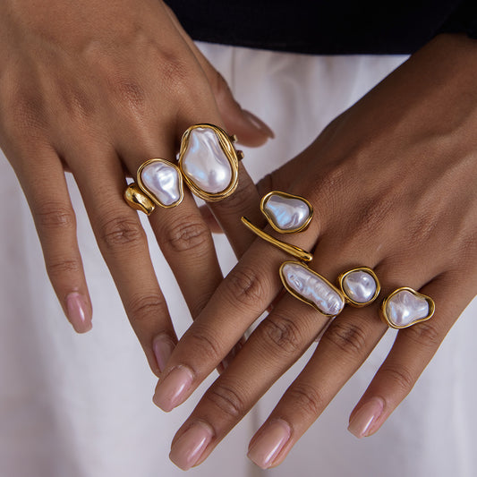 Anello in acciaio al titanio da donna, ispirato a perle barocche ovali geometriche, con finitura placcata, gioiello minimalista di lusso per le mani