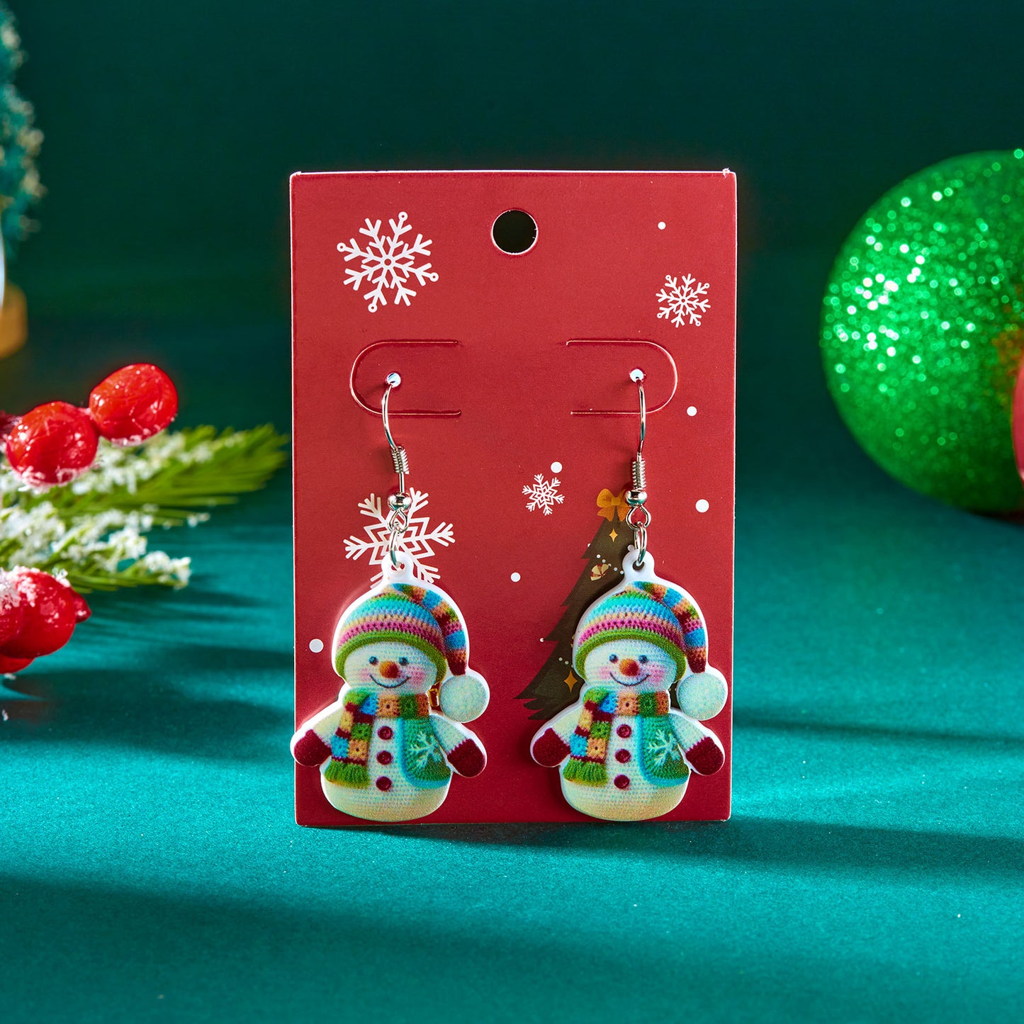 Elegante juego de collar y aretes de acrílico con colgante de muñeco de nieve para mujer con dije de aleación de zinc, cadena tipo O, acabado artesanal, joyería navideña temática