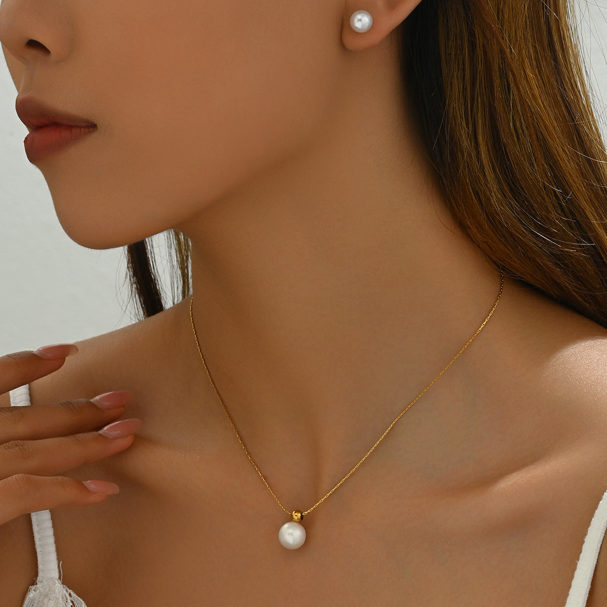 Set Collana e Orecchini Donna Minimalista Geometrico con Perle in Lega e Intarsi Artigianali