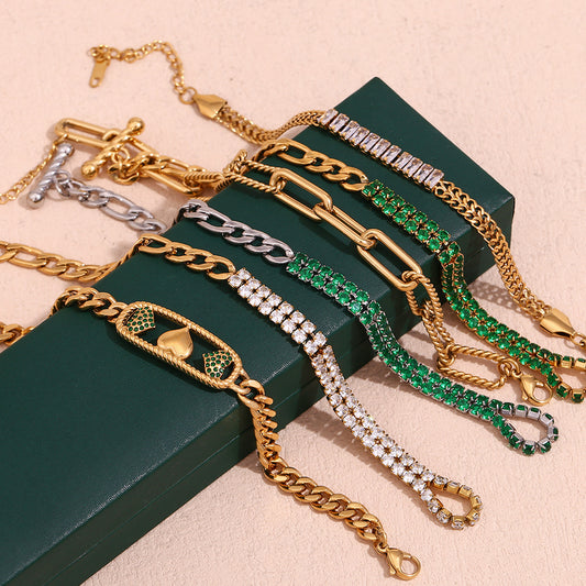 Pulsera de eslabones huecos con forma de corazón, chapada en oro de 18 quilates, de acero inoxidable geométrico, con microincrustaciones de circonia cúbica
