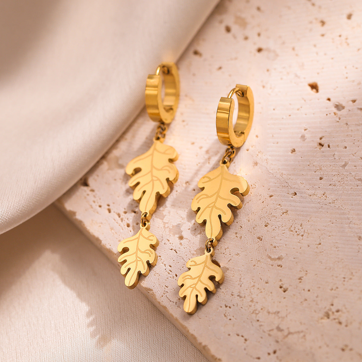 Minimalist Leaf-Shaped Titanium Steel Earrings for Women with Real Gold Plating, Fashionable and Versatile Ear Jewelry