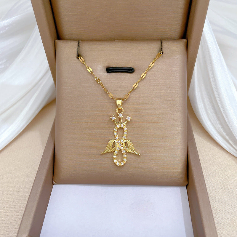 Elegant Angel-Shaped Geometric Pendant Necklace for Women and Men with Full Rhinestone Inlay on Titanium Steel Chain