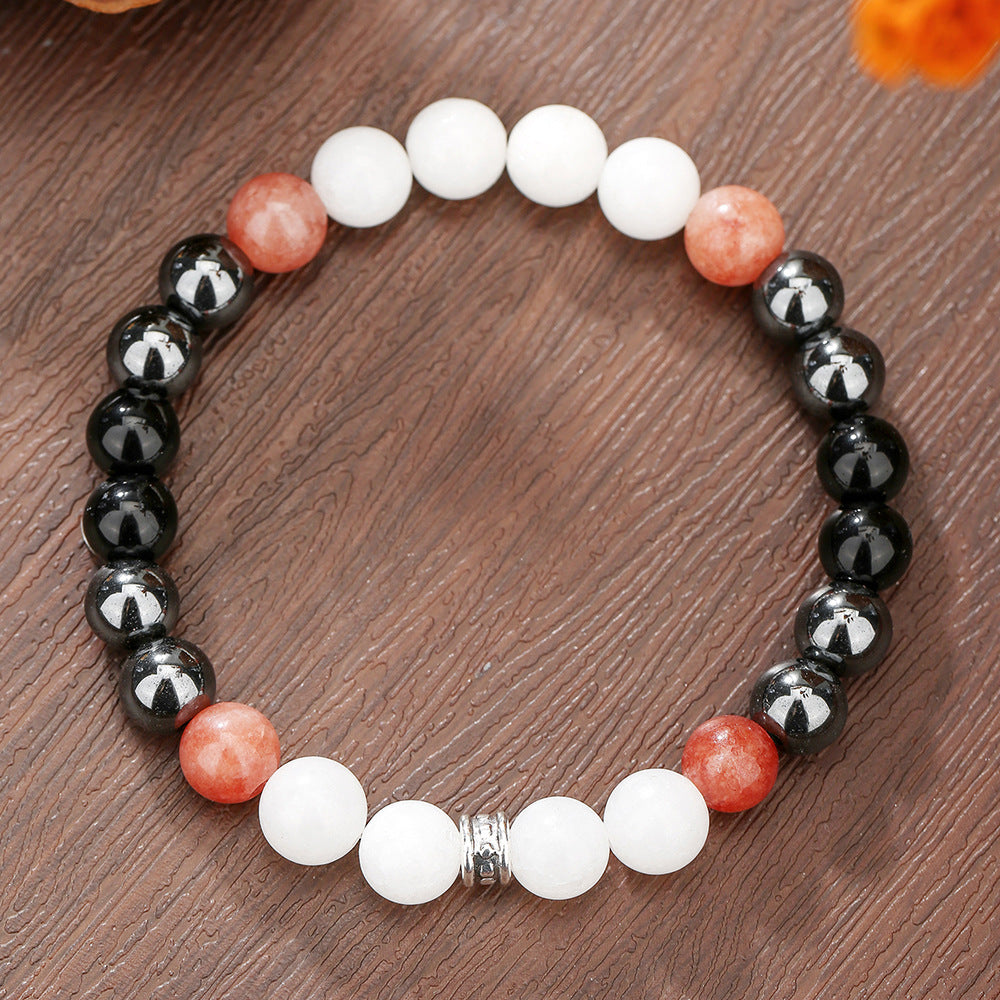 Bracciale geometrico in cristallo rosa e ossidiana nera per coppie, elegante gioiello minimalista fatto a mano in pietra