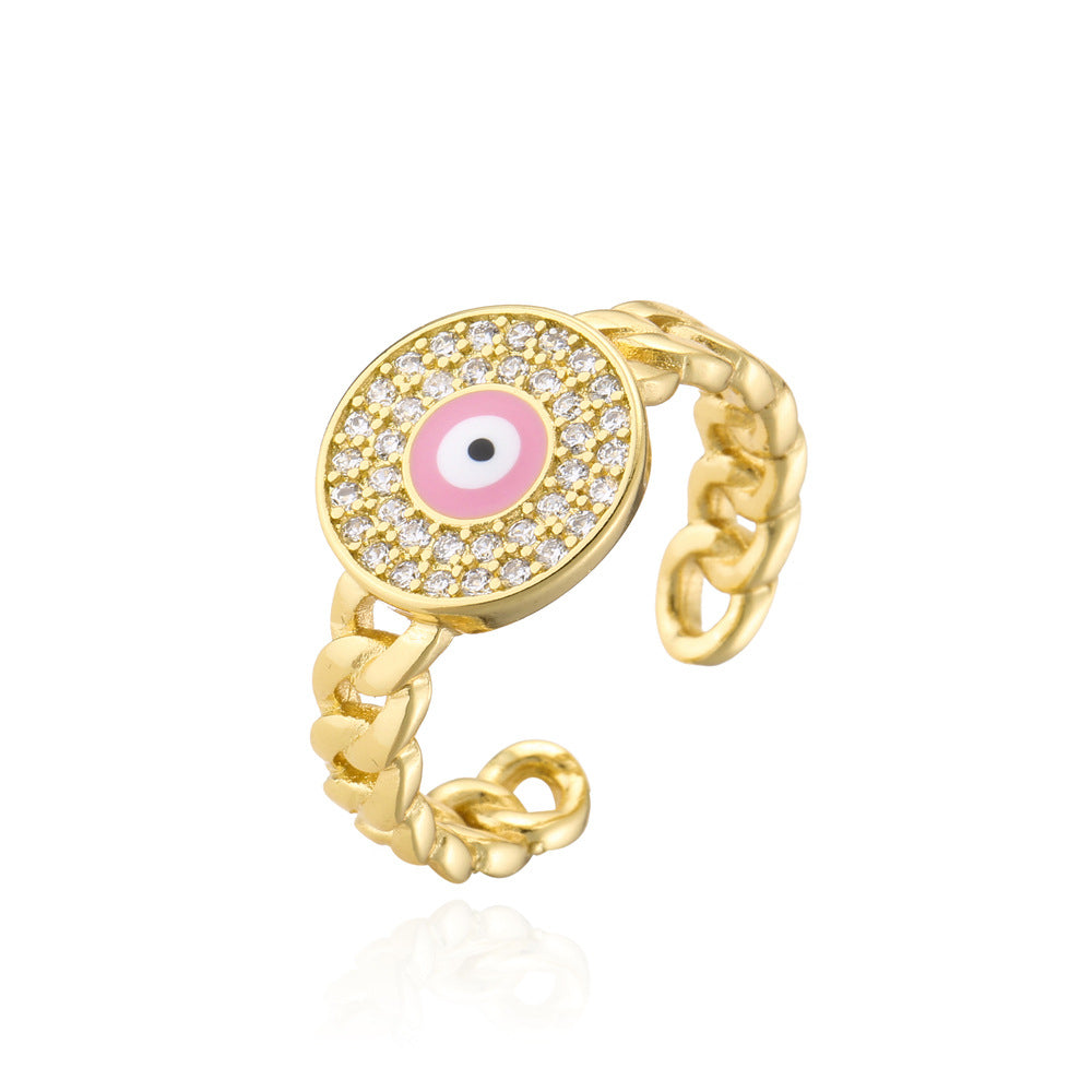 Anello Minimalista Geometrico Aperto da Motociclista in Rame con Occhio di Allah in Smalto e Intarsio di Zirconi