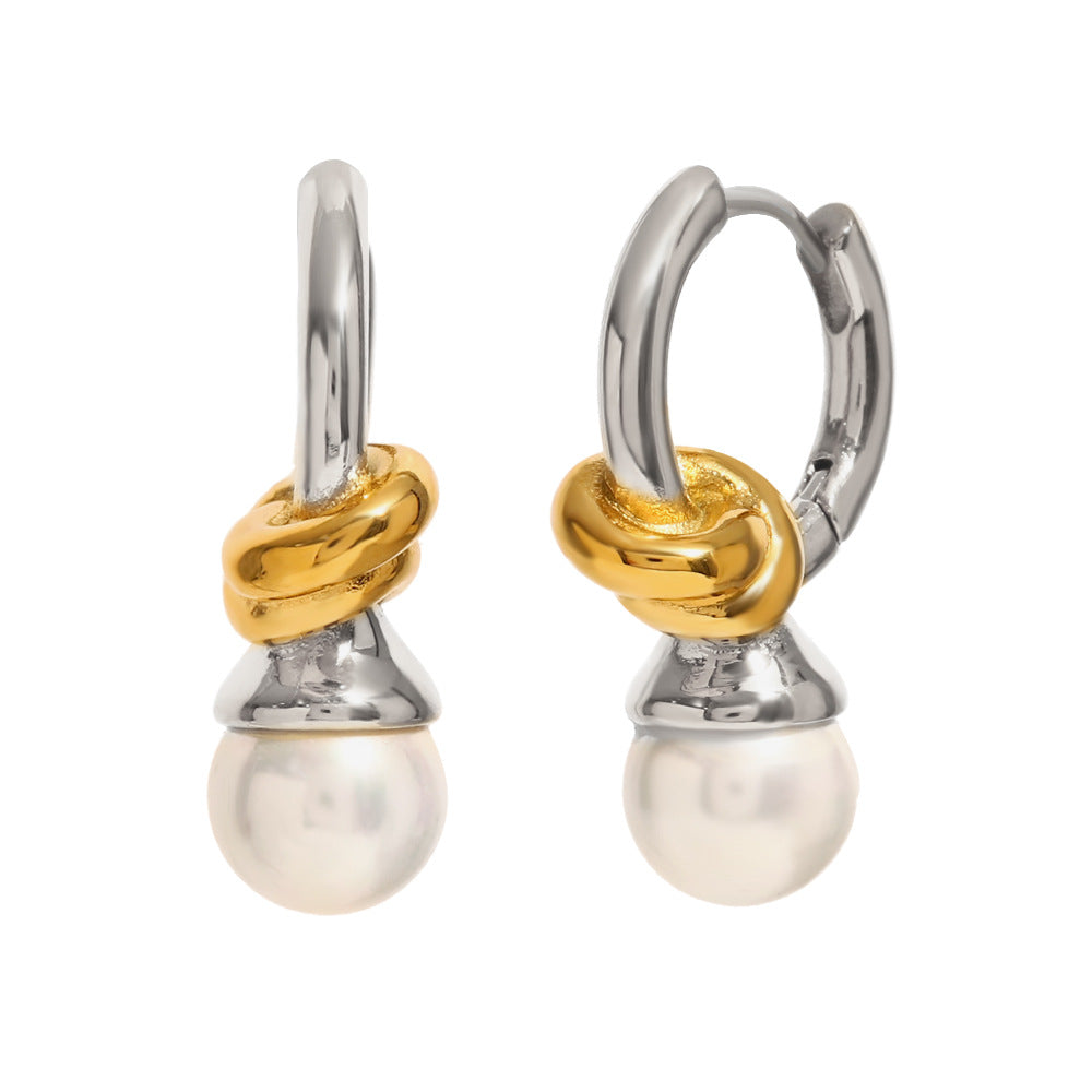 Vintage French Style 18K Gold Plated Stainless Steel Knotted Heart Pearl Hoop Earrings for Women