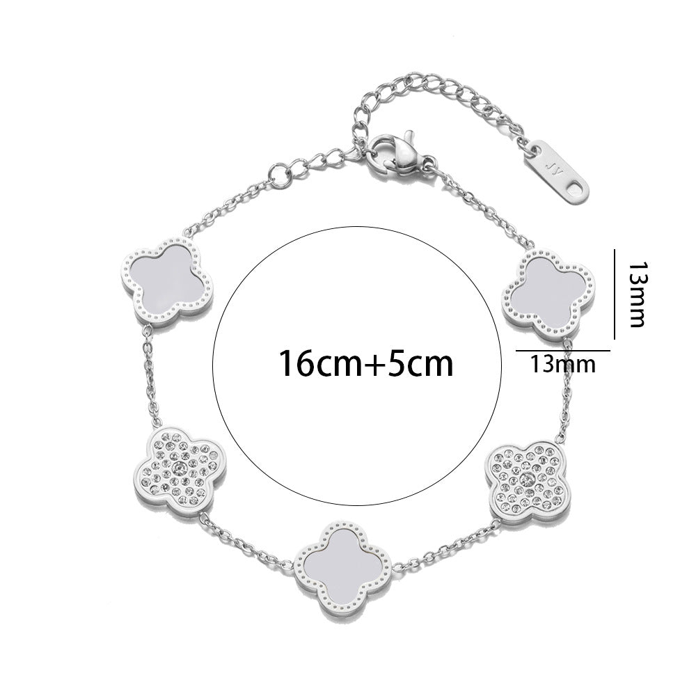 Fashion 18K Rose Gold Plated Titanium Steel Four-Leaf Clover Rhinestone Bracelet for Women