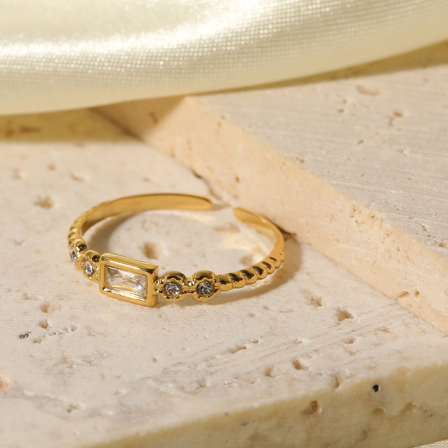 Minimalist Geometric Stainless Steel Ring with 18K Gold Plating and White Rhinestone Accents for Women