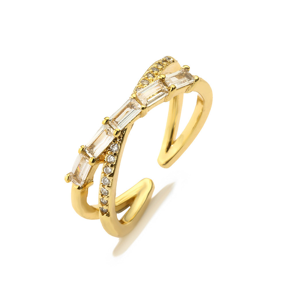 Anello Aperto Geometrico Minimalista da Donna in Rame Placcato Oro 18K con Intarsio di Zirconi