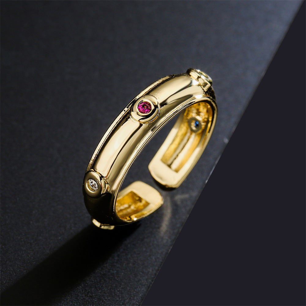 Anello Aperto Geometrico da Donna in Rame con Placcatura in Oro 18K e Intarsio di Zirconi