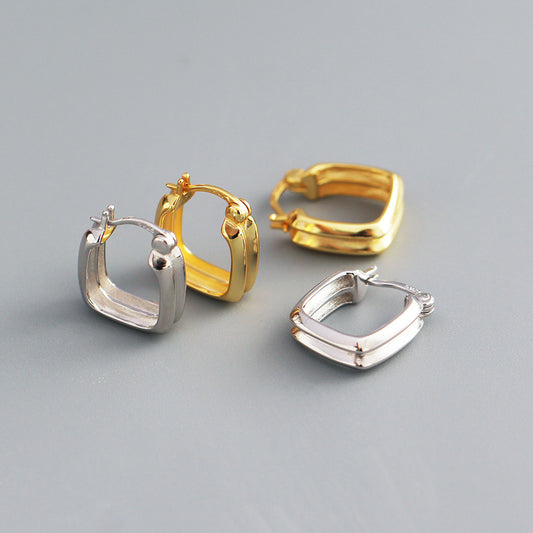 Pendientes de aro geométricos cuadrados de doble capa chapados en plata de ley 925 minimalistas para mujer