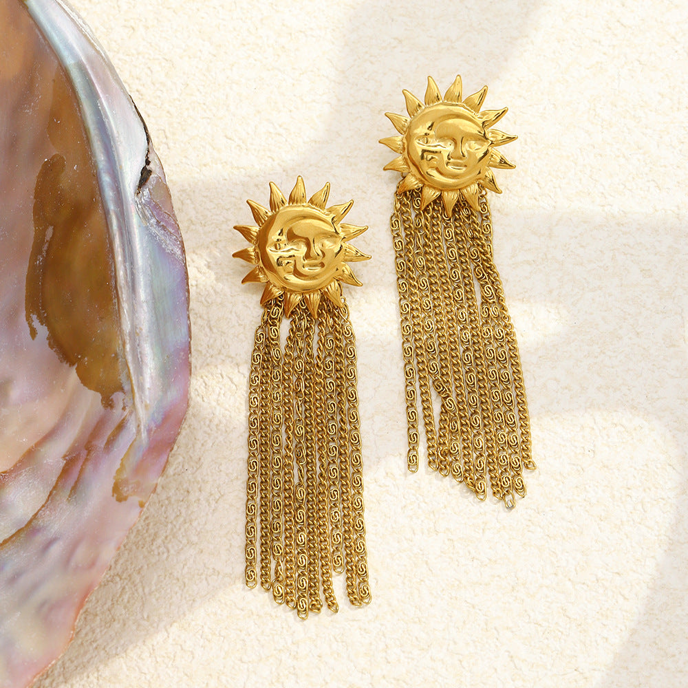 Vintage 18K Gold Plated Stainless Steel Moon Star Geometric Tassel Earrings