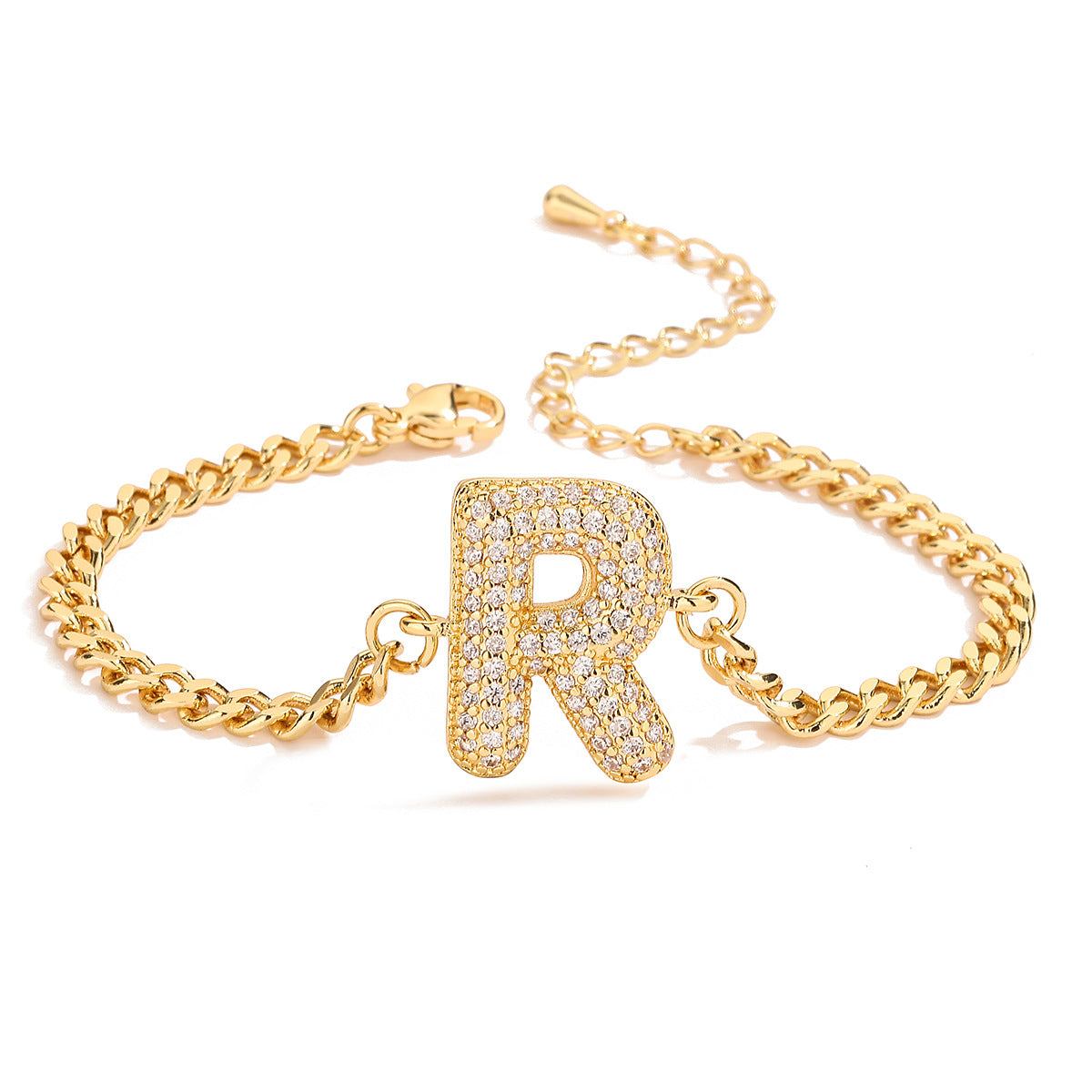 Minimalist Hip-hop 18K Gold Plated Letter Cubic Zirconia Bracelet for Women
