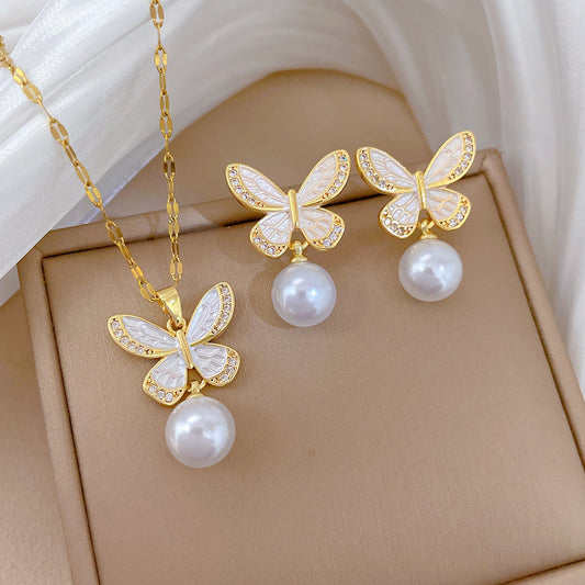 Sweet Drip Oil Butterfly Rhinestone and Pearl Necklace Set with Titanium Steel Cable Chain for Women